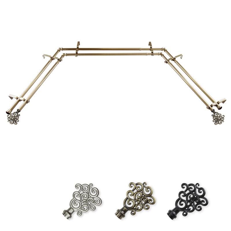 Adjustable Curtain Rods & Hardware Set - Telescoping Rods, Antique Brass Finials, Bay Window Curtain Rod - M