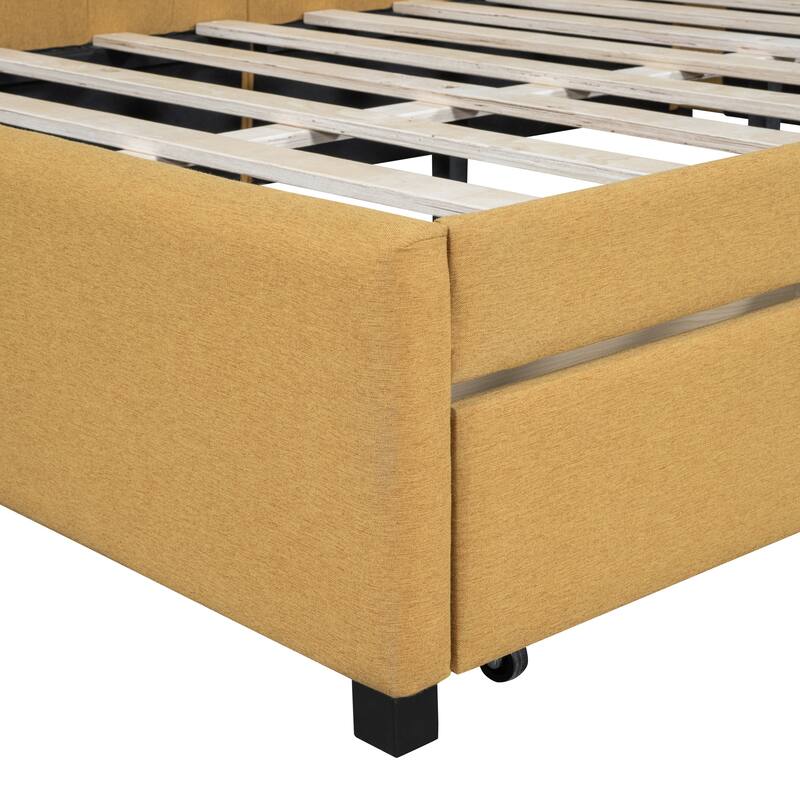 L-Shaped Backrest Daybed Upholstered Daybed Frame Classic Wood Slats Design with 2 Storage Drawers or Trundle, Full Size