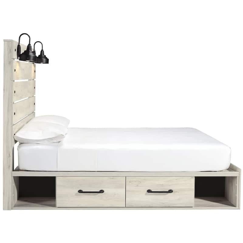 Cemy Rustic King Panel Bed, 2 Sconce Lights and Drawers, Whitewash