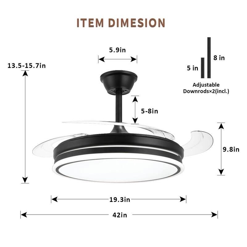 42" Crystal Ceiling Fan with Light & Remote, Retractable LED Blades, 3 Colors & 6 Speeds