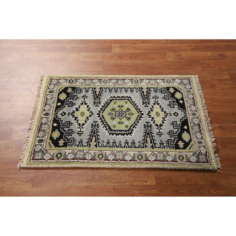 Hand Knotted Oriental 100% Wool Carpet Traditional Geometric Greys & Charcoal Viss Area Rug - 3' 0'' X 2' 0''