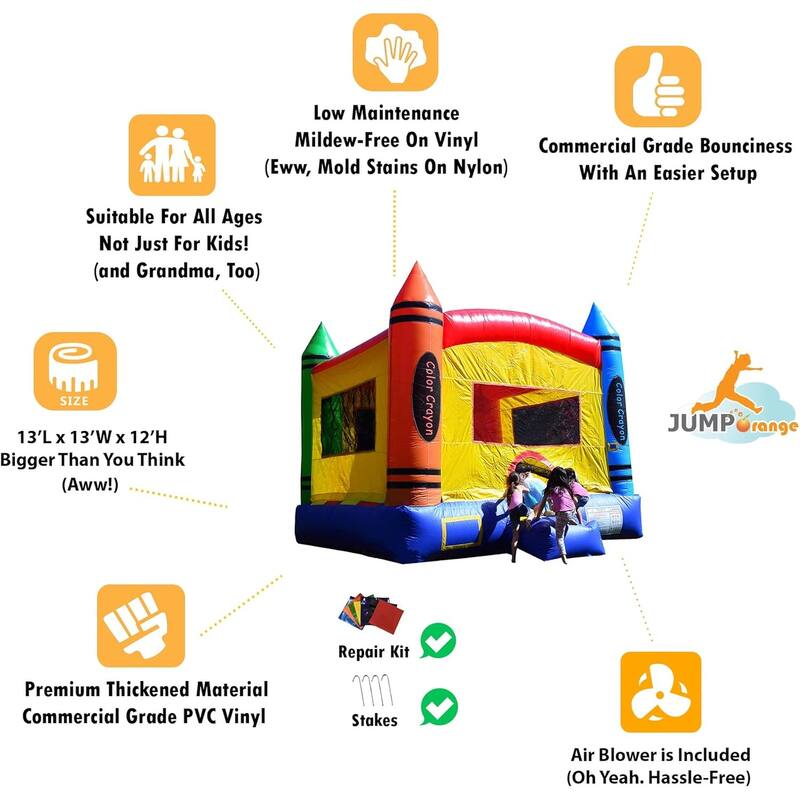 HeroKiddo Crayon Commercial Grade Inflatable Bounce House for Kids with Air Blower Included, Lightweight, Outdoor Play