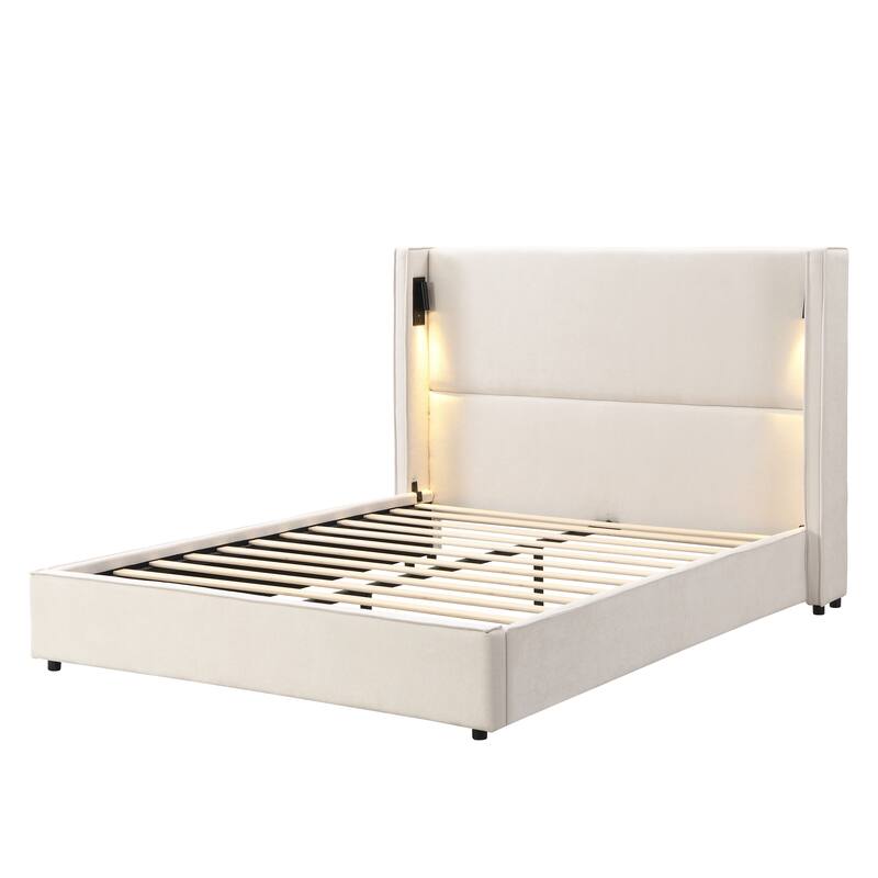 Beige Upholstered Bed Frame with High Wingback Headboard, Reading Lamp and USB Port, Low-Profile Platform Bed for Bedroom