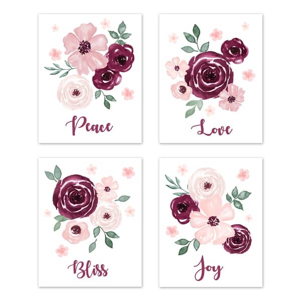 slide 2 of 6, Burgundy Pink Watercolor Floral Collection Wall Decor Art Prints (Set of 4) Blush Maroon Wine Rose Shabby Chic Flower Farmhouse
