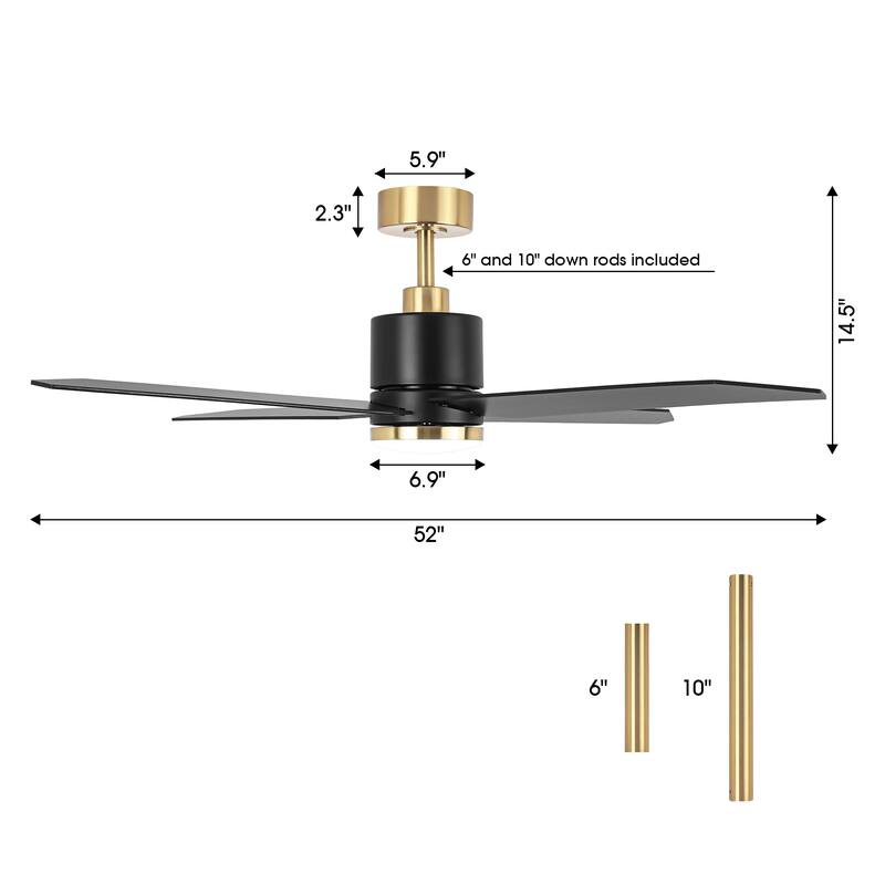 52" Black Wood 4-Blade Dimmable Modern Ceiling Fan with Light and Remote