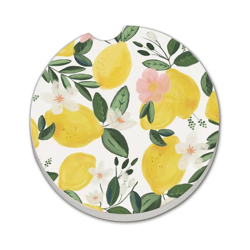 Lemons on the Vine 2 Pack Absorbent Stone Coaster for Vehicle Cup Holder 2.6” Diameter Manufactured in The USA - Multi