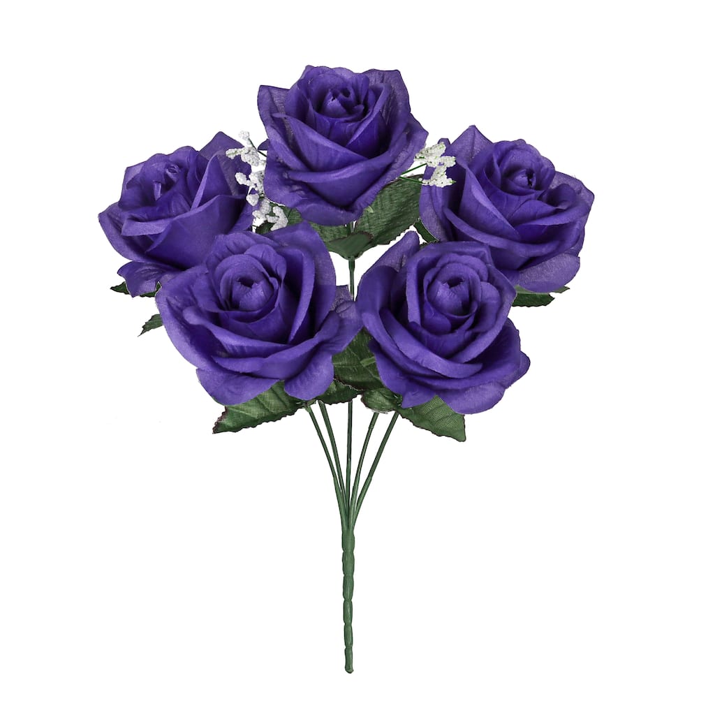 Set of 12 Dark Purple Artificial Open Rose Flower Stem Bush Bouquet 14in - 14" L x 7" W x 7" DP