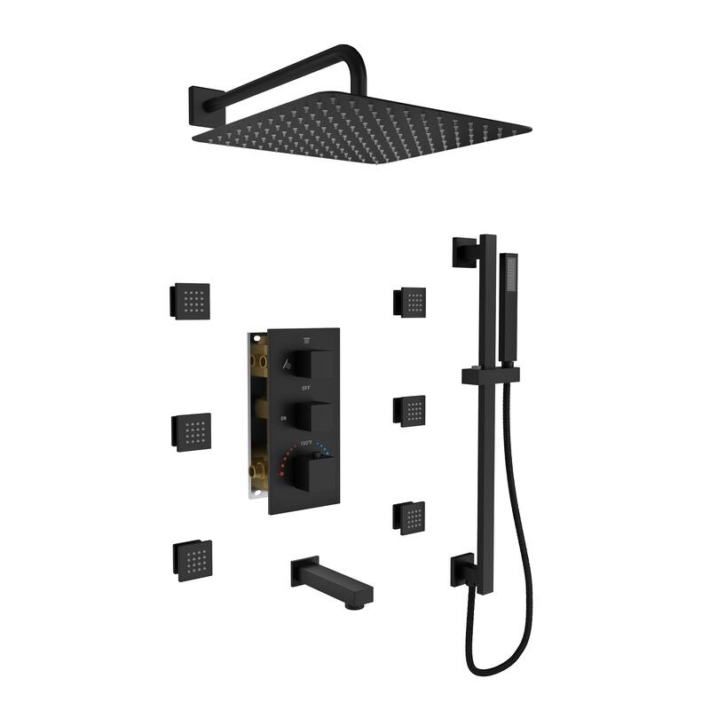 Thermostatic 3-Spray 12 in. Wall Mount Fixed and Handheld Dual Shower Head 2.5 GPM with 6-Body Jets and Adjustable Slide Bar - Matte Black