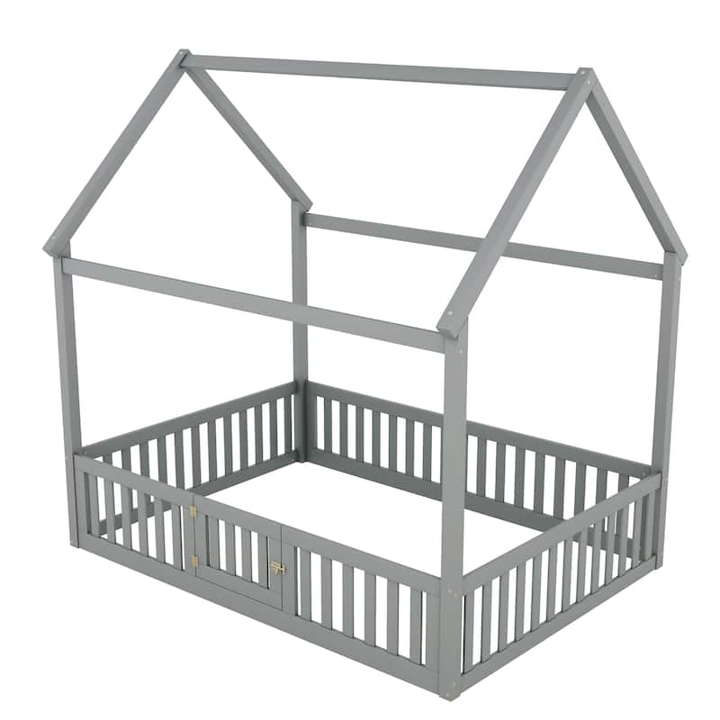 Full Size Wood House Bed with Fence and Door