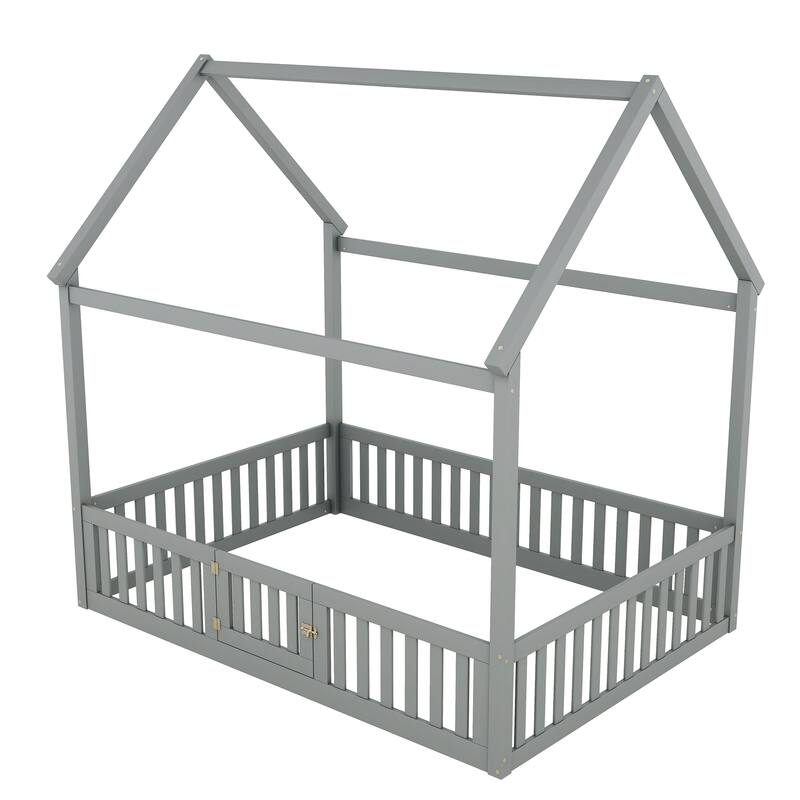 Pine House Floor Bed with Door, Fence & Roof