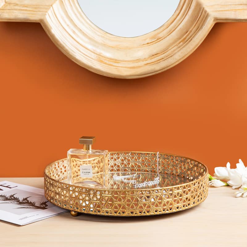 Glitzhome Set of 2 Round Metal Gold Mirrored Decorative Trays -13"/15"L