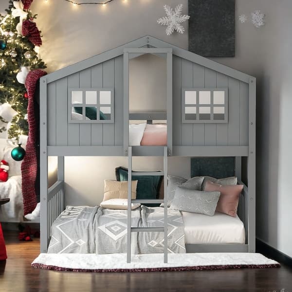 slide 2 of 16, Twin Over Twin House Bunk Bed With Ladder and Guardrail, Gray Grey