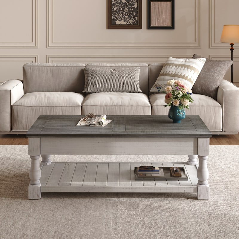 Farmhouse Lift Top Coffee Table with Fixed Shelf - 3 Hidden Storage Trays