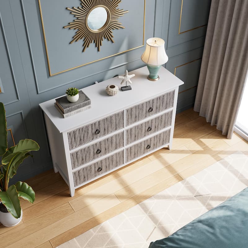 Fluted 6 Drawer Dresser for Bedroom, 47" Wide Modern Wooden Chest with Wavy Panel & Metal Handles