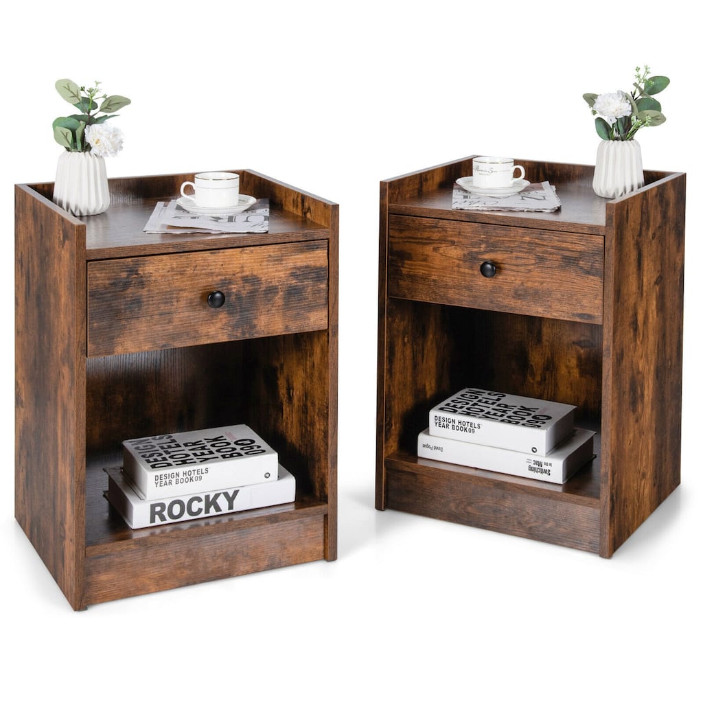 Gymax Set of 2 Nightstand with Drawer Cabinet End Side Table Raised - 17'' x 16'' x 42'' (L x W x H)