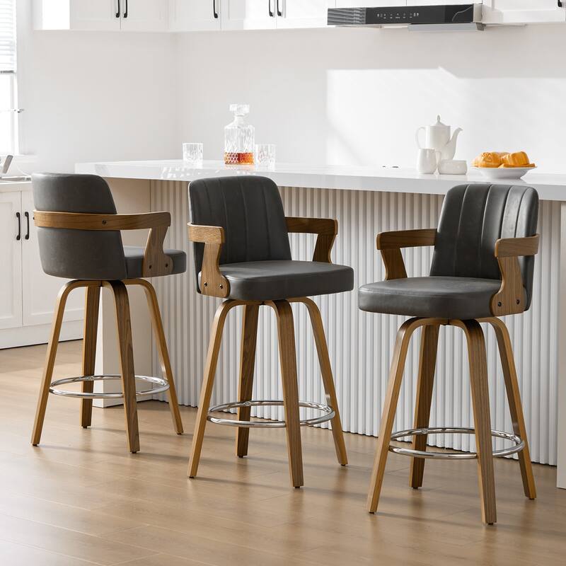 Upholstered Swivel Barstool with Arms and Bentwood Legs - 40.8"H x 18.9"W x 19.5"D/19.3"D - Set of 3 - Grey