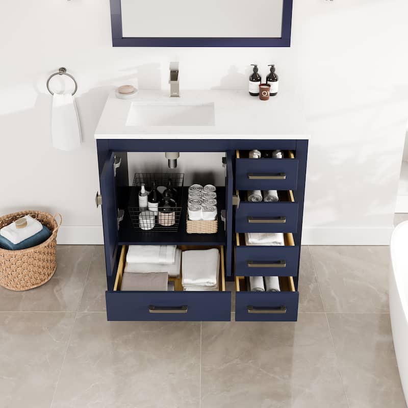 Eviva London 36"W SS Bath Vanity with White Carrara Quartz Top