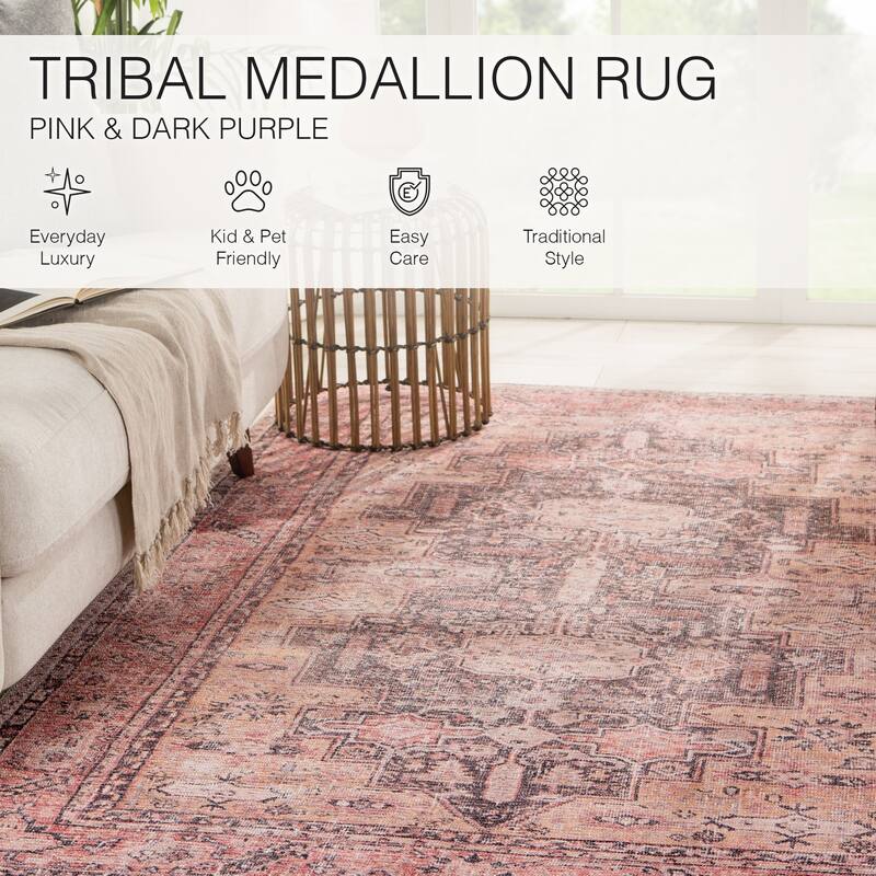 Cosima Machine Washable Medallion Pink/ Dark Purple Area Rug