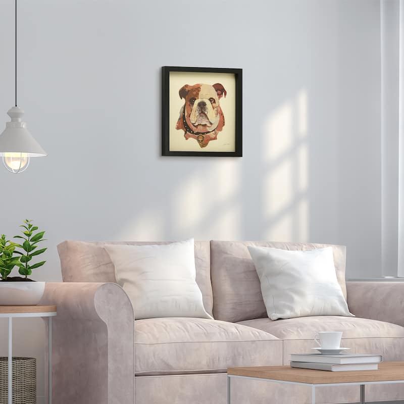 "English Bulldog Pup" Dimensional Collage Framed Graphic Art Under Glass Wall Art