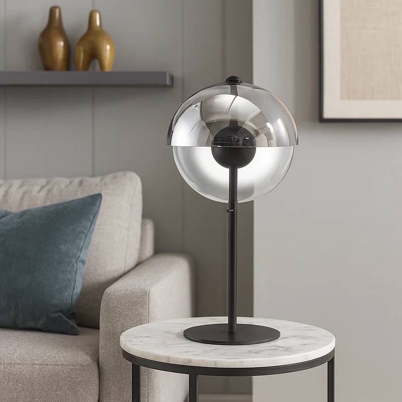 24 Inch Table Lamp, Accent Round Orb Glass Metal Shade, Black