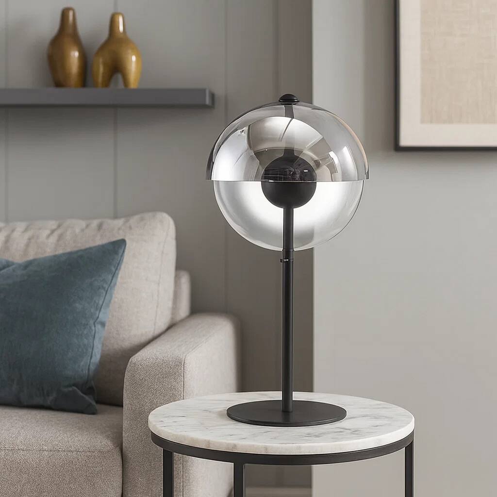 24 Inch Table Lamp, Accent Round Orb Glass Metal Shade, Black