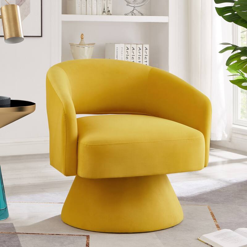 Fluffy Velvet Swivel Barrel Chair, Upholstered Round Accent Chair, Lounge Armchair with Open Back and Wood Base - Yellow