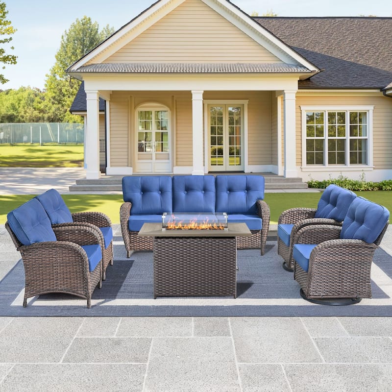6-Piece Outdoor Sofa Chair with 41" Fire Table - Brown Wicker & Grey Cushion