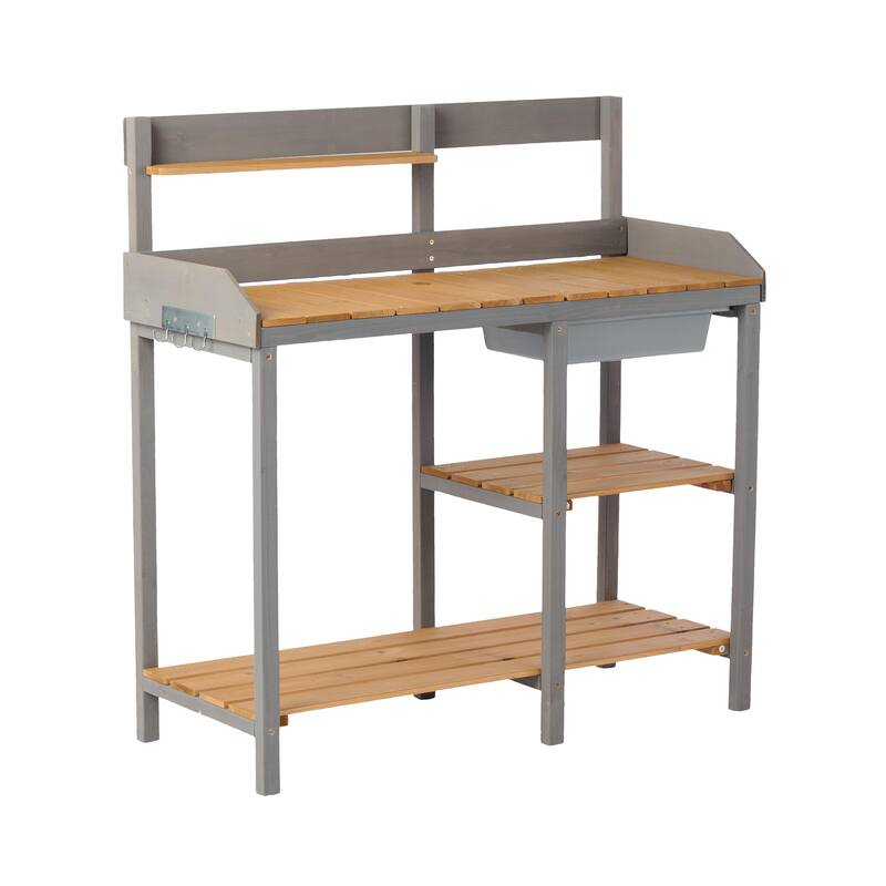 GDF Studio - Outdoor Solid Wood Potting Bench with Sink and Storage Garden Workstation