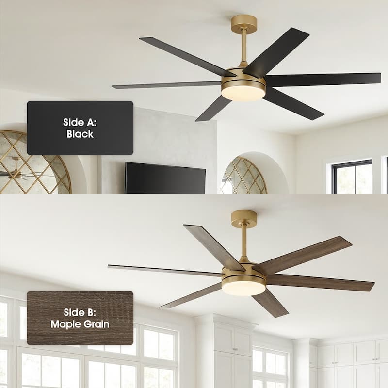 60" Transitional Brass Reversible Blades Smart Ceiling Fan with Dimmable LED Light and Remote