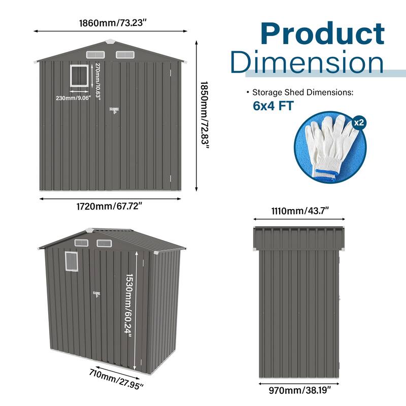6X4 FT Metal Storage Shed,Tool Shed with Pitched Roof Watertight with Positive Window and Lockable Door Compact Metal Tool Shed