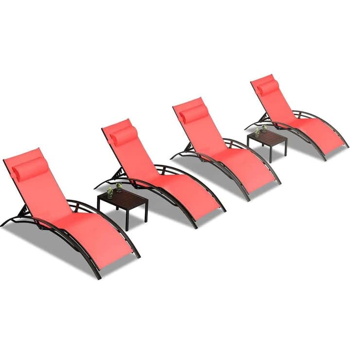 PURPLE LEAF Patio Chaise Lounge Set Outdoor Beach Pool Sunbathing Lawn Outside Chairs with Side Table Included - Red 4PC