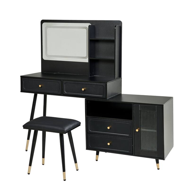 Modern Makeup Vanity Set with PU Cushioned Stool, Retractable Dressing Table Vanity Desk with Mirror, Light & Power Outlet