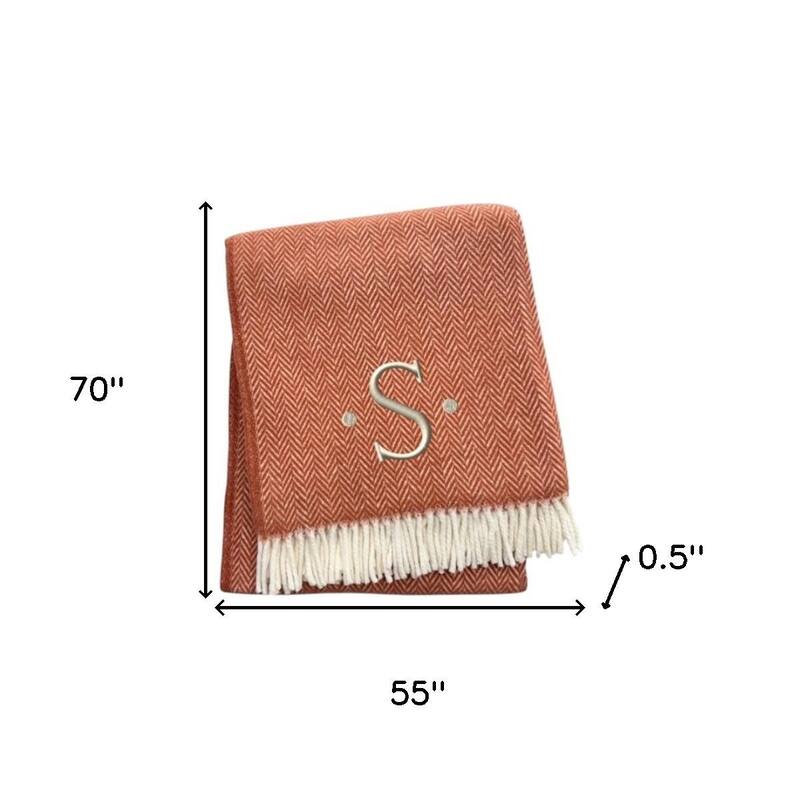 55" X 70" Terra Cotta And White Herringbone Cotton Blend S Initial Throw Blanket with Tassels And Embroidery