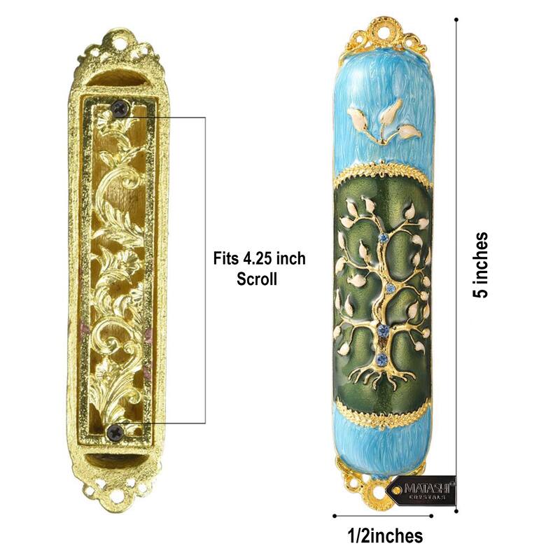 Hand Painted Enamel Mezuzah Embellished with a Tree of Life Design with Gold Accents and High Quality Crystals by Matashi