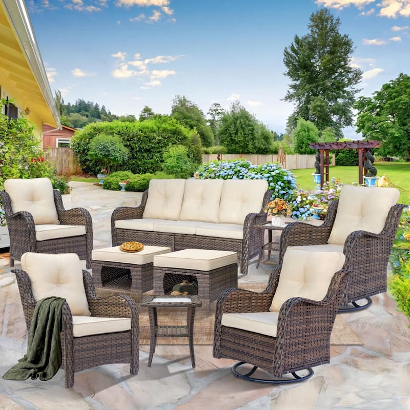 Patio Conversation Sets-Wicker Patio Furniture Sets with Swivel Chairs - 9 Seat - Cream