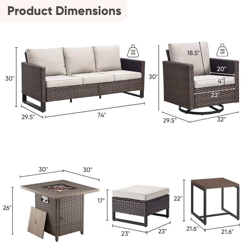 7 Pieces Fire Pit Table with Sofa Swivel Chair Ottoman Set