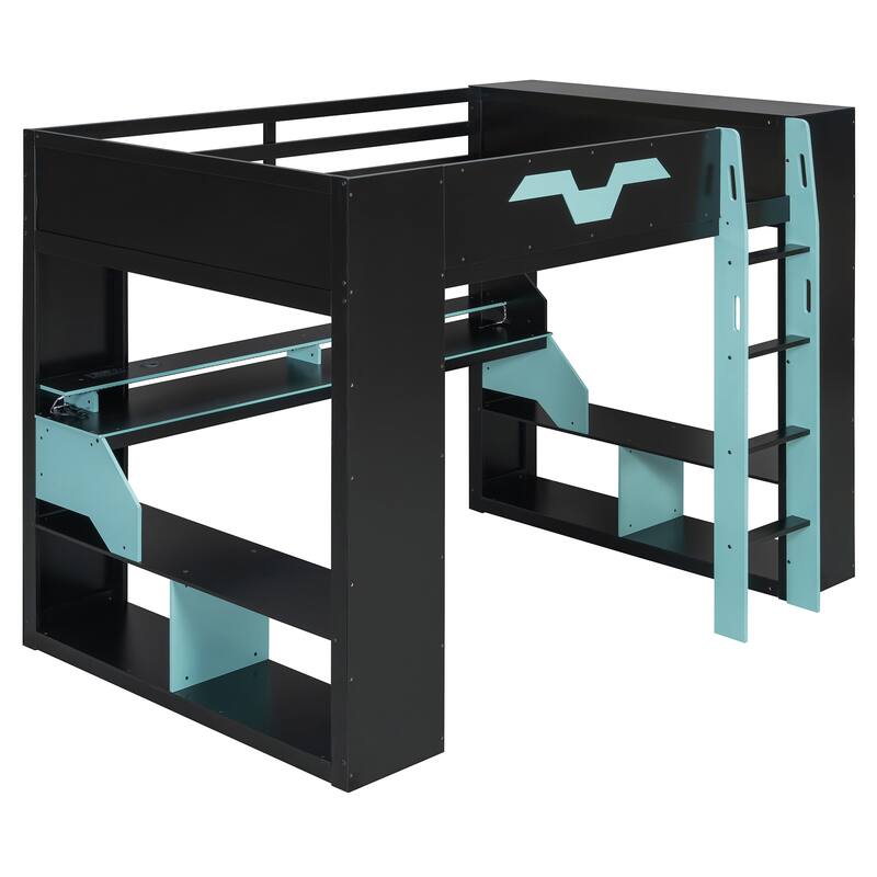 Roomfitters Full Gaming Loft Bed with Power Hub, RGB Lights and Cable Management