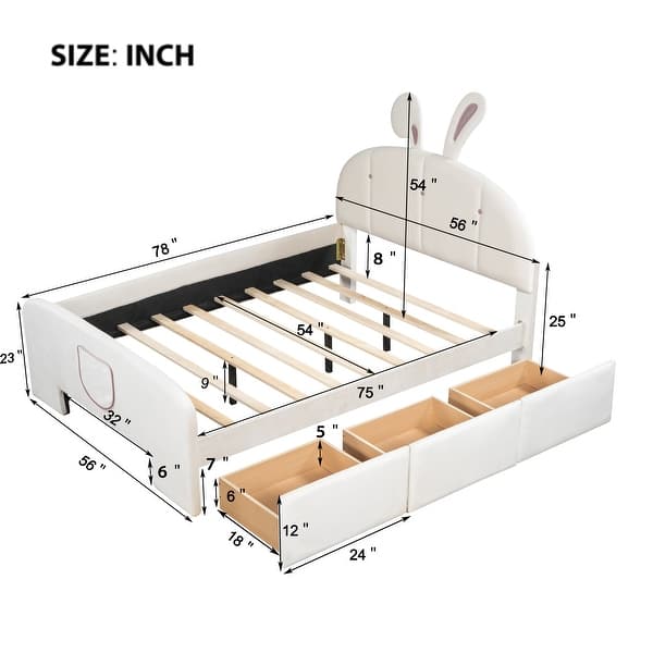 dimension image slide 0 of 2, Full Size Rabbit-Shaped Platform Bed with Drawers and Storage Pocket