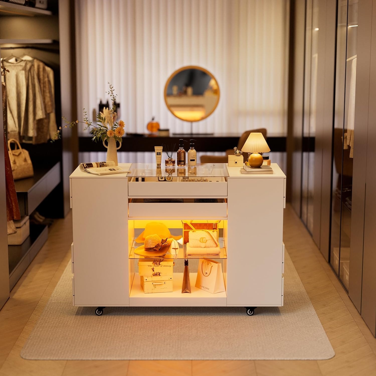 Glass Top Display Cabinet Island - Walk-in Closet Organizer With Drawers & Shelves, White Storage Furniture