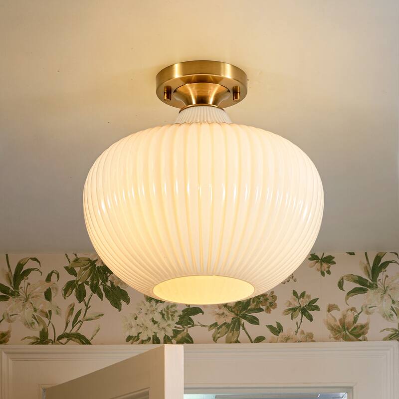 1-Light Modern Elegant Ribbed Glass Flush Mount with Brushed Brass/Matte Black Finish for Bedroom & Foyer - 11.8 in. W x 12.2 in. H - Gold