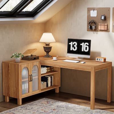 L Shaped Executive Desk with File Cabinet and Shelves, Corner Desk for Home Office