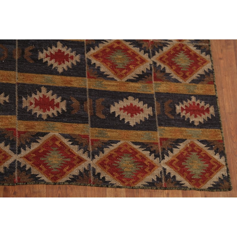Kilim Area Rug Flatweave Oriental Blue Wool Carpet - 7'11"x 9'9"