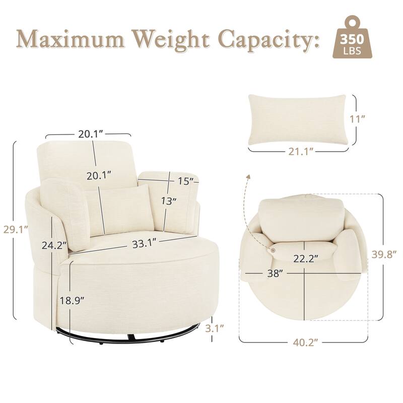 Upholstered Swivel Barrel Accent Chair Metal Frame with Flared Arms and Pillows