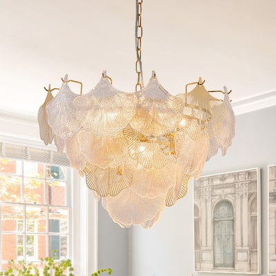 Ginkgo 8-Light Ribbed Textured Glass Round Leaf Chandelier - 23.6in