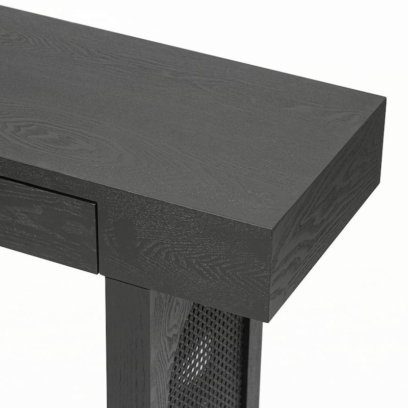 Narrow Console Table with Rattan Accent(Antique Black)