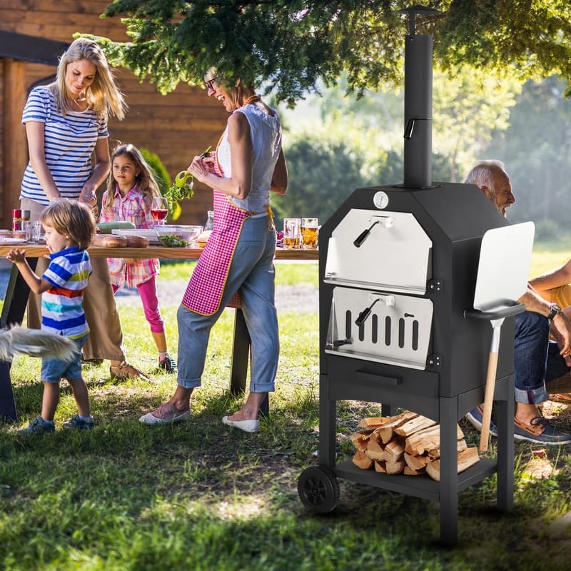 Freestanding Outdoor Wood-fired Pizza Oven with Thermometer and Wheels - N/A - Steel - Assembly Required