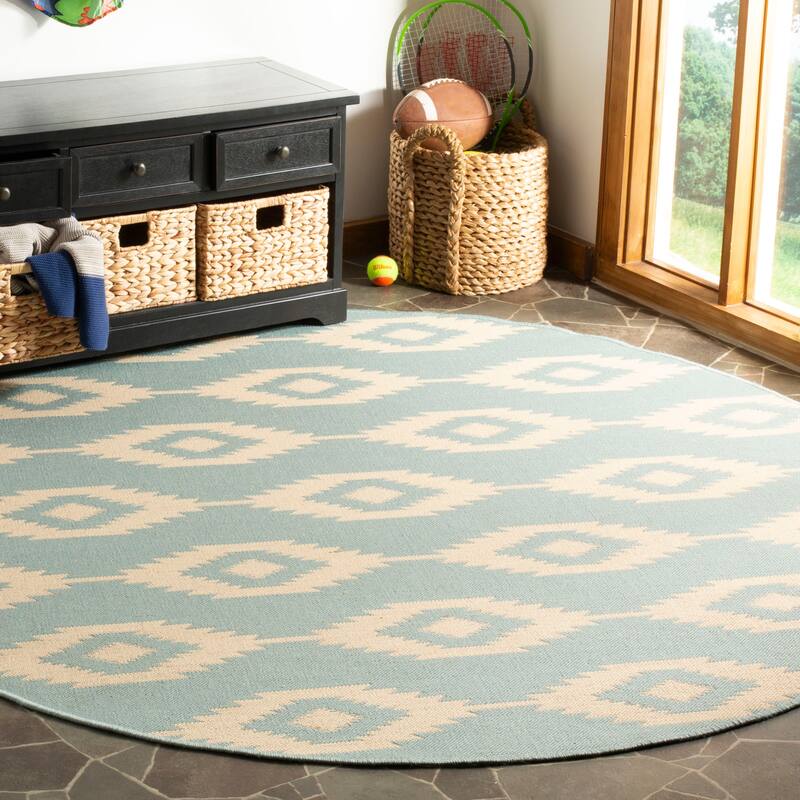 SAFAVIEH Linden Seda Indoor/ Outdoor Waterproof Patio Backyard Rug - 6'7" Round - Cream/Aqua