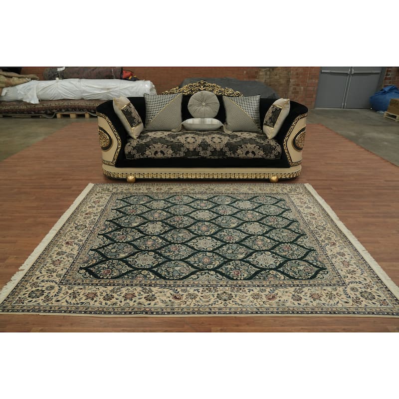 Hand Knotted Oriental Wool & Silk Carpet Traditional All-Over Navy Blue & Blues Nain Area Rug - 8' 3'' X 6' 7''