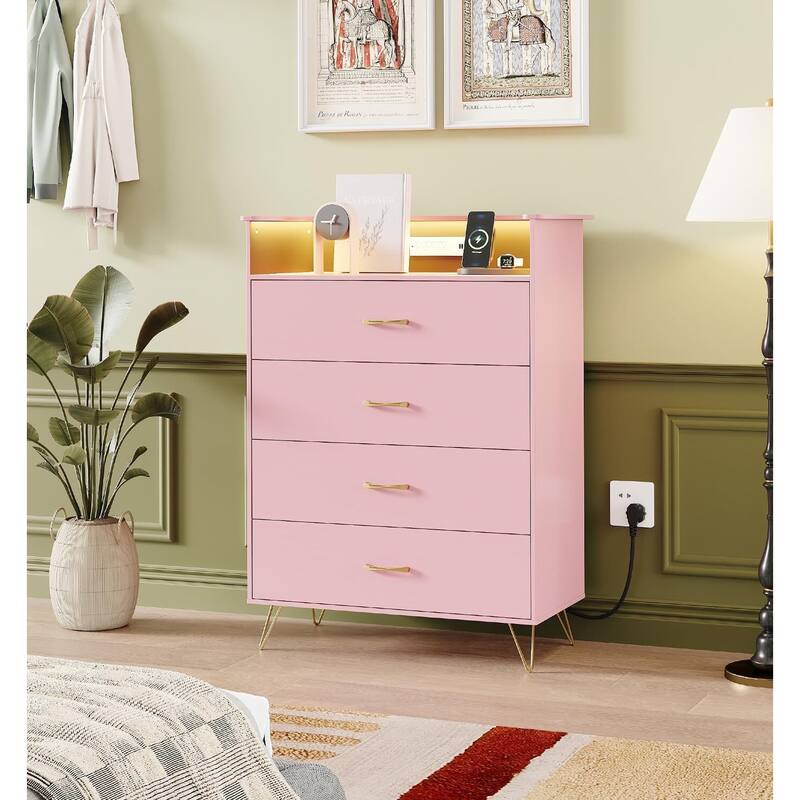 4-Drawer Dresser for Bedroom with Charging Station & RGB Lights - Pink