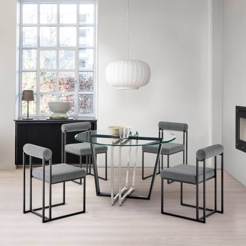 Devi Anastasia 5 Piece Round Glass Dining Table Set with Metal Frame and Upholstered Chairs